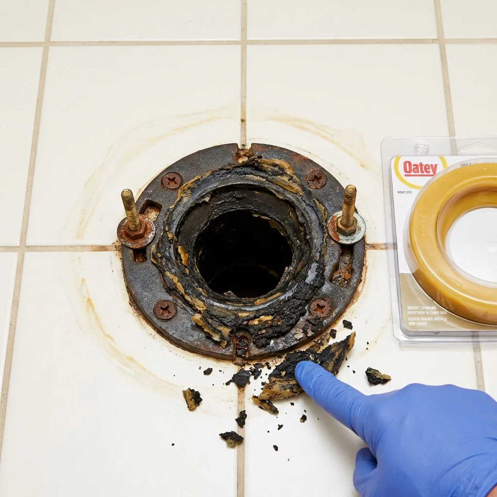 Failed wax ring showing water seepage at the base of a toilet in a Dunkirk, IN home