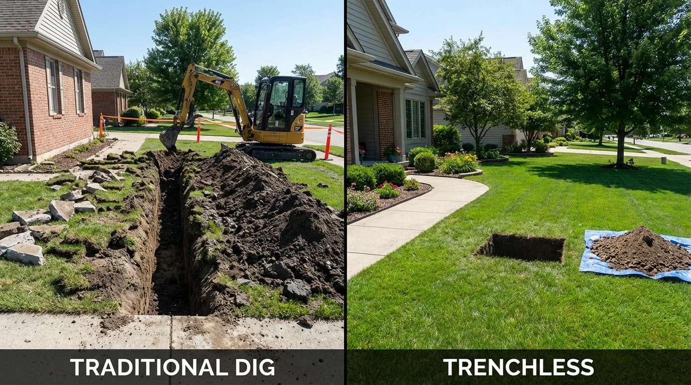 Trenchless sewer repair with minimal yard damage versus traditional excavation in Dunkirk, IN