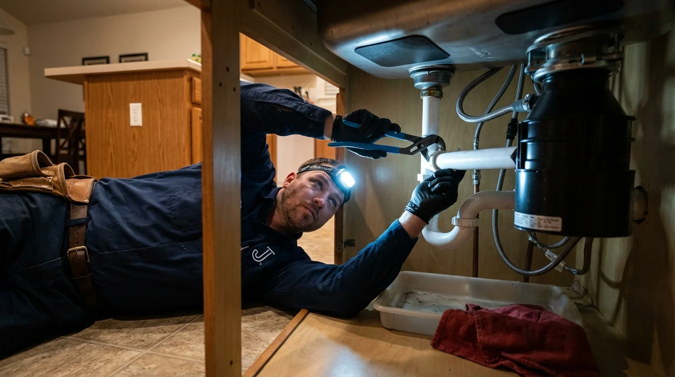 P-trap and supply line connections under a kitchen sink showing a common leak point in Dunkirk, IN